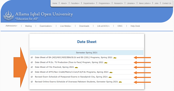 aiou latest date sheet